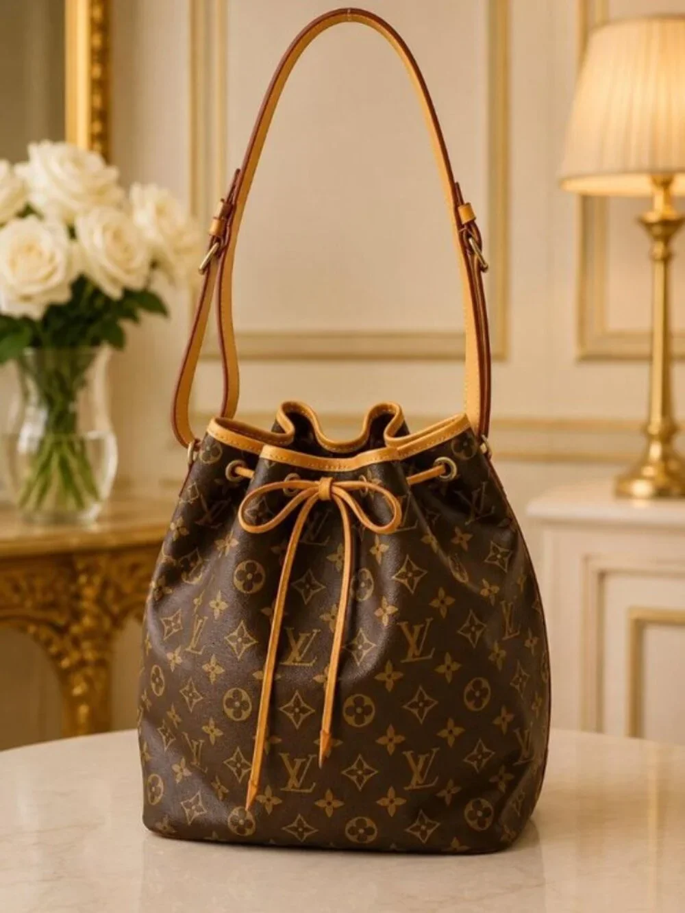 Authentic Louis Vuitton Petit Noé Monogram Bucket Shoulder Bag LV Drawstring